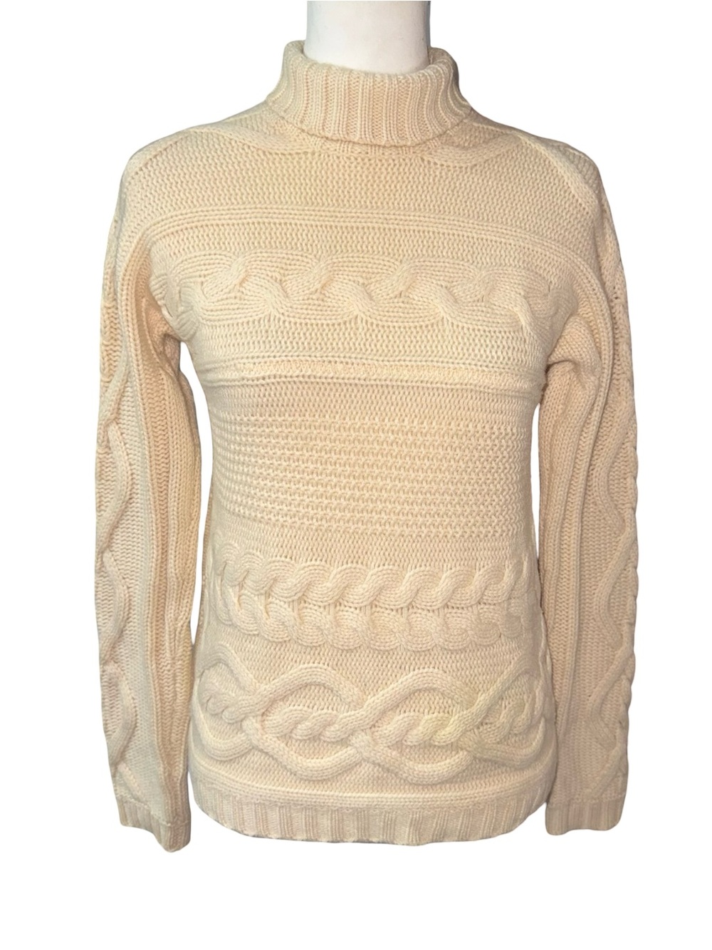 Garnet Hill Cream 100% Cashmere Cable Turtleneck Sweater Sz Small cozy